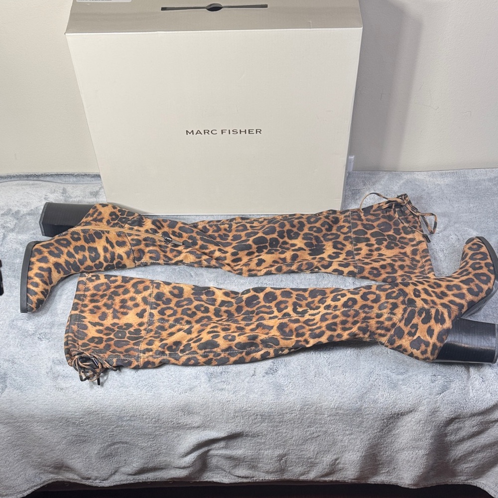 Marc Fisher Enrika Leopard OTK Block Heel Boots - Size 7